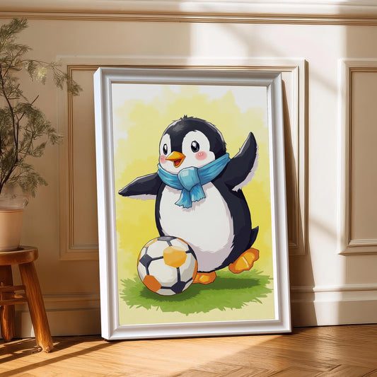 A white-framed print of a cartoon penguin playing soccer leaning against a wall, with a small plant on a wooden stool in the left corner.