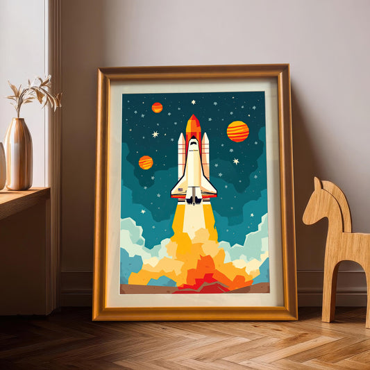 An orange-framed print of a rocket ship launching is propped against a wall. A wooden rocking horse and a vase are next to it.