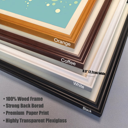 A close-up of four different wood frame colors: orange, coffee, white, and black. A ruler indicates the frame width is 0.9 inches.