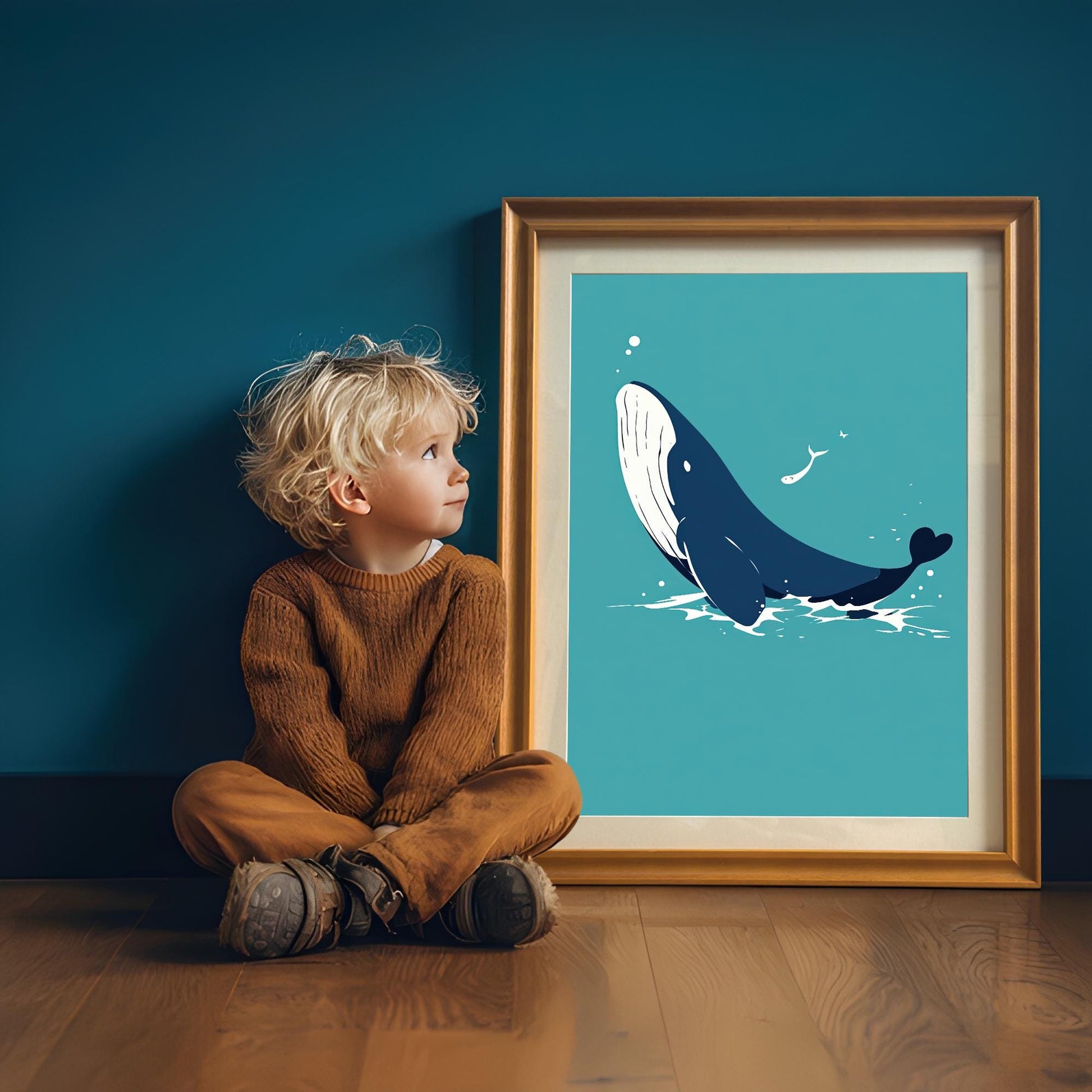 A young child with blond hair sits next to an orange-framed whale print, which is propped against a blue wall.