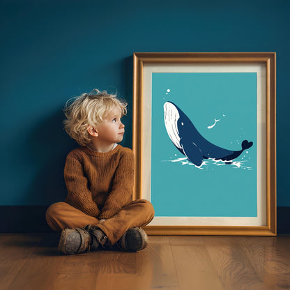 A young child with blond hair sits next to an orange-framed whale print, which is propped against a blue wall.