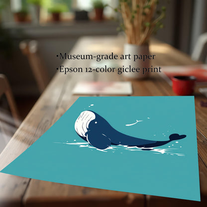 A print of a whale is on a wooden table. The text lists "Museum-grade art paper" and "Epson 12-color giclee print."