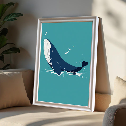 A white-framed print of a whale is leaning against throw pillows on a couch.