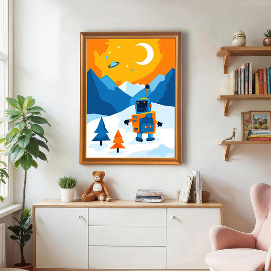 A white-framed wall art print of a robot in a snowy landscape hanging on a textured wall, next to a large potted plant. Sunlight shines from a nearby window, creating a highlight on the art.