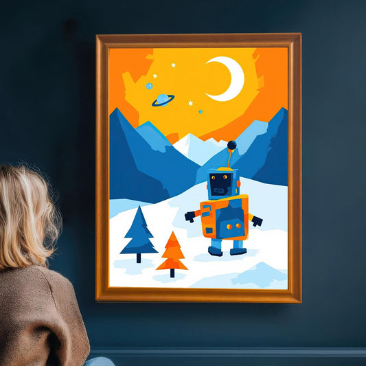 A child sitting on a wooden floor with their back to the camera, looking at an orange-framed wall art print hanging on a dark blue wall. The print features a robot in a snowy, mountainous landscape.