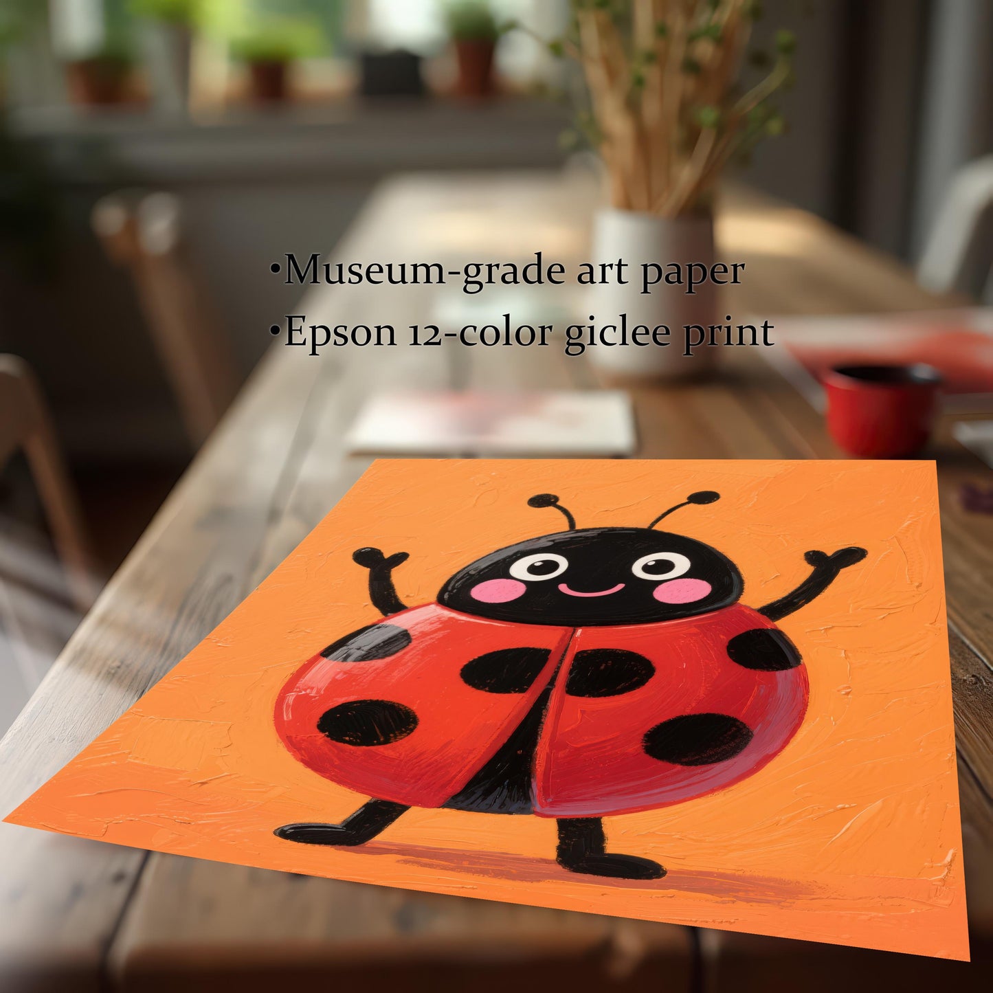 A close-up, angled shot of a loose, unframed print of a cheerful ladybug on a wooden tabletop. The text overlay highlights the print quality: Museum-grade art paper and Epson 12-color giclee print.