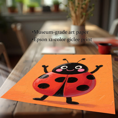 A close-up, angled shot of a loose, unframed print of a cheerful ladybug on a wooden tabletop. The text overlay highlights the print quality: Museum-grade art paper and Epson 12-color giclee print.