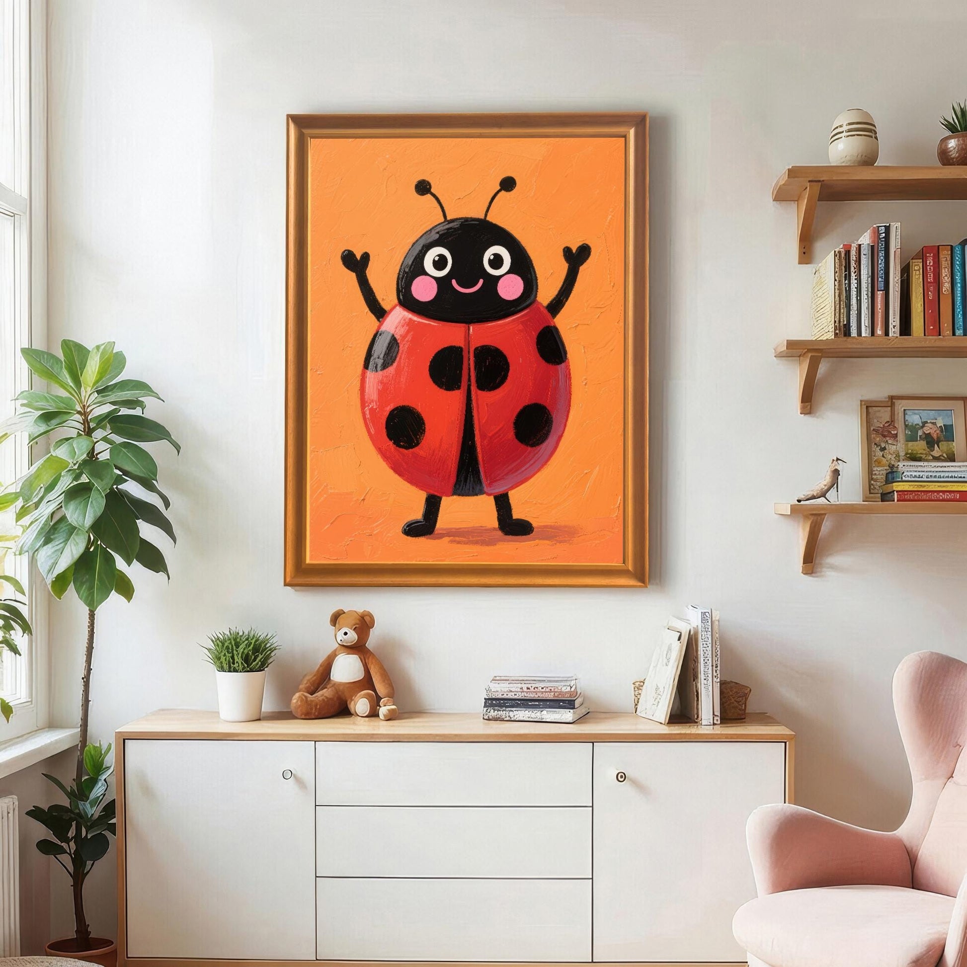 An orange-framed wall art print of a cute ladybug hanging on a white wall above a wooden console table. The scene includes a teddy bear, books, and other decorative items.