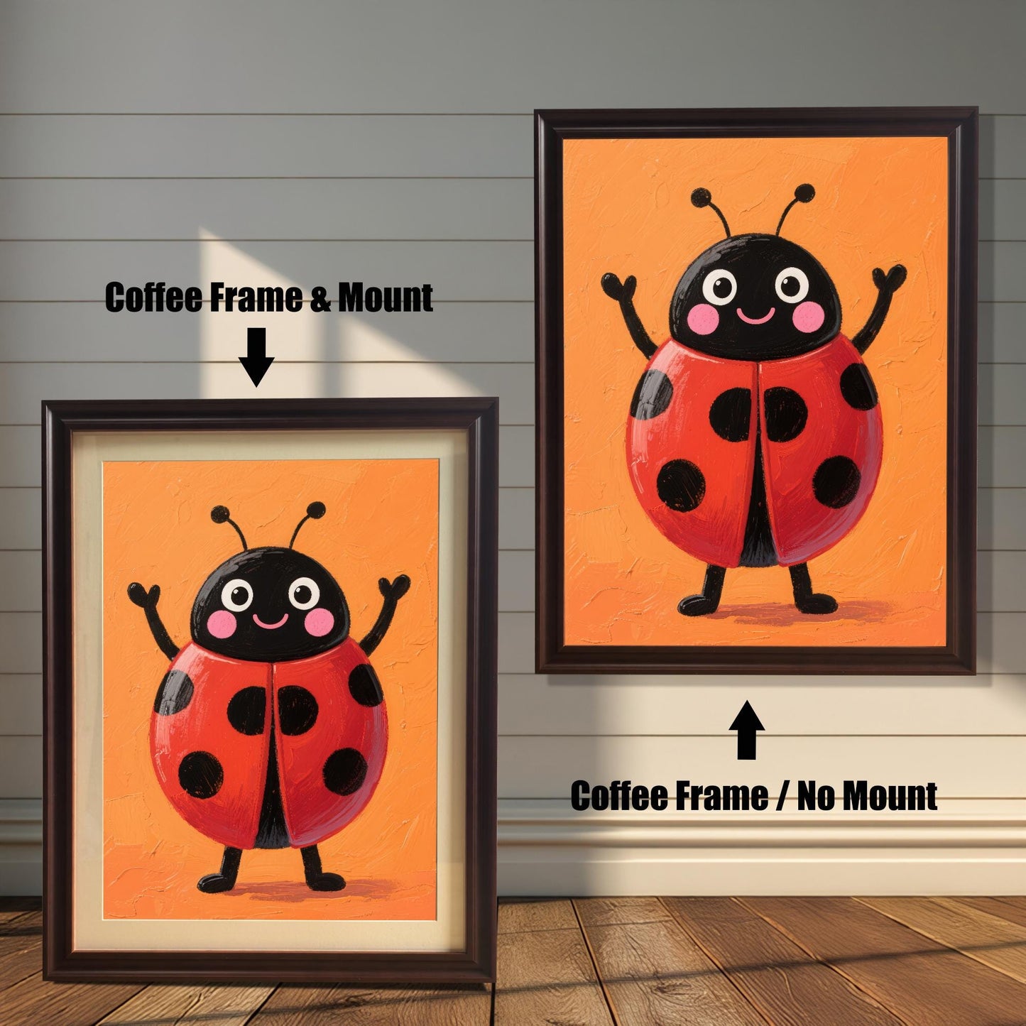A comparison of two coffee-colored framed wall art prints featuring a cute ladybug. The print on the left is framed with a white mat, while the one on the right is framed without a mat. The image is shown on a light wood wall.