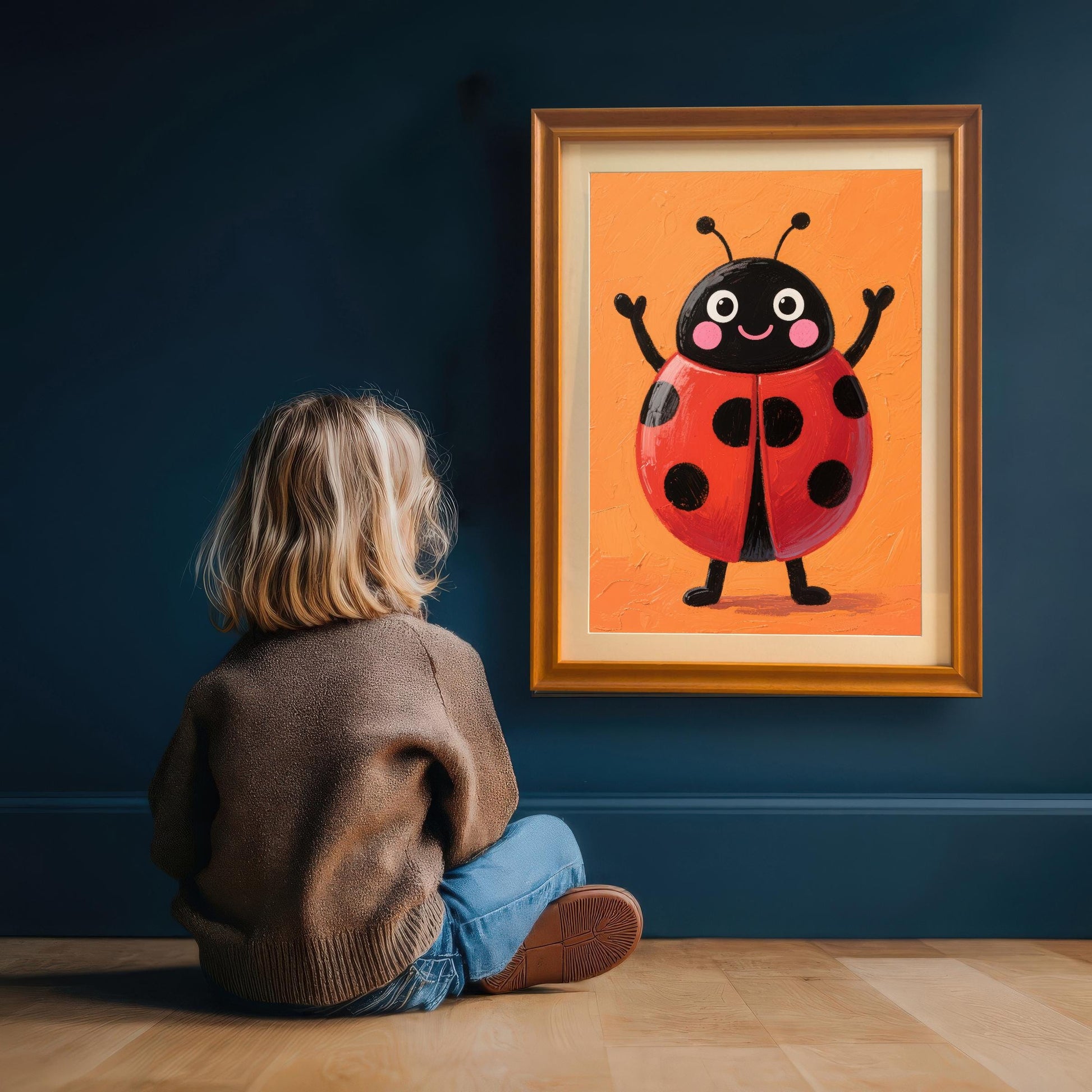 A child sitting on a wooden floor with their back to the camera, looking at an orange-framed wall art print hanging on a dark blue wall. The print features a smiling ladybug.