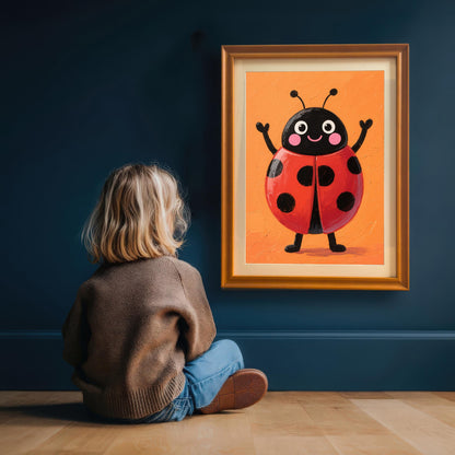 A child sitting on a wooden floor with their back to the camera, looking at an orange-framed wall art print hanging on a dark blue wall. The print features a smiling ladybug.