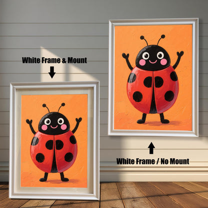 A comparison of two white-framed wall art prints featuring a cute ladybug. The print on the left is framed with a white mat, while the one on the right is framed without a mat. The image is shown on a light wood wall.