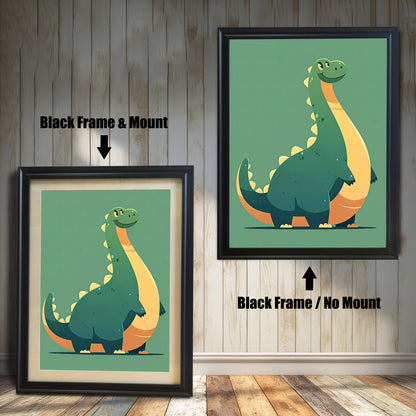 Two black-framed wall art prints featuring a cute green and yellow brontosaurus dinosaur. The print on the left includes a beige mount (matting), while the print on the right does not.