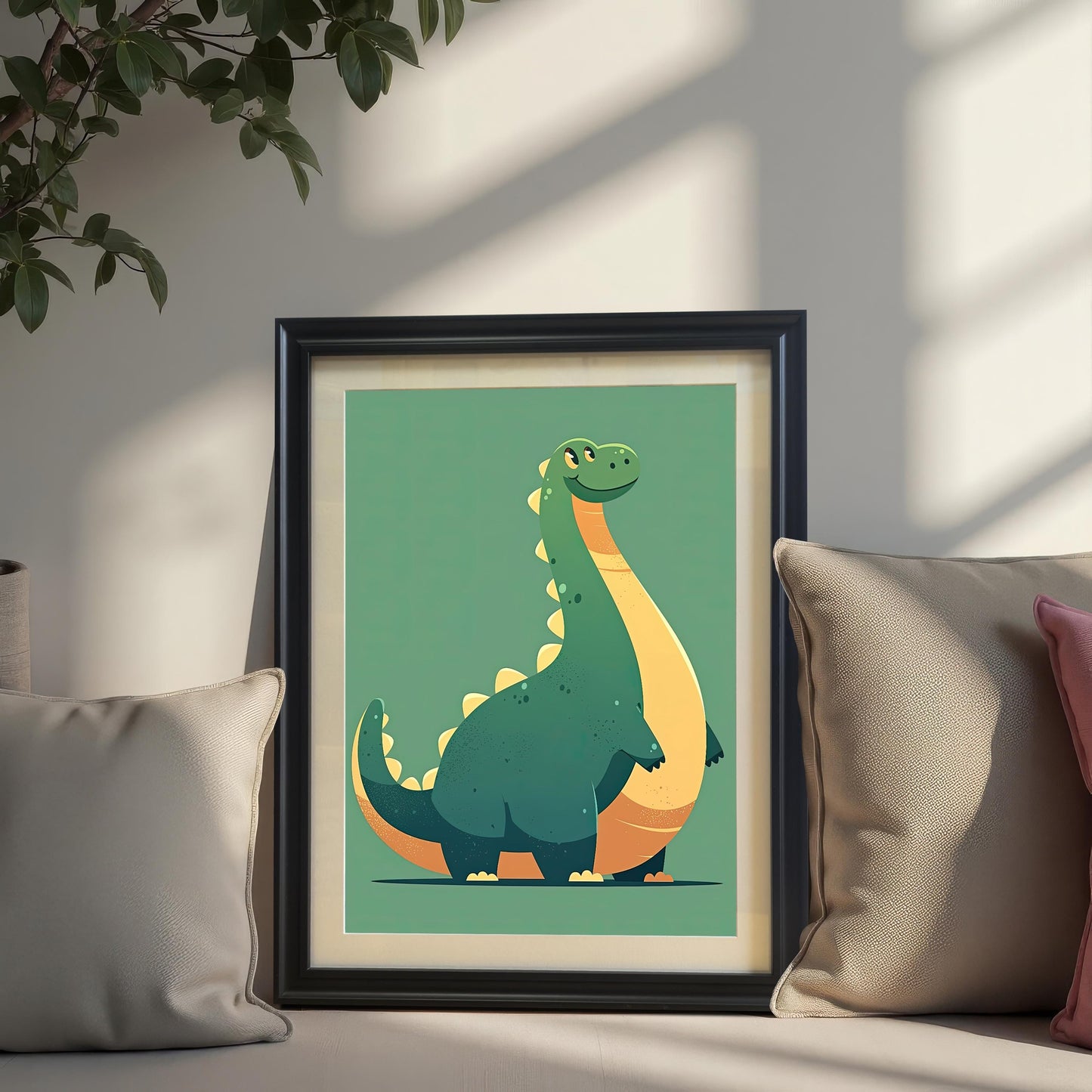 Black framed wall art print featuring a cute green and yellow brontosaurus dinosaur, propped up with decorative pillows on a sofa.`