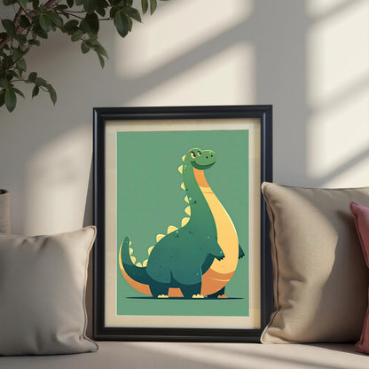 Black framed wall art print featuring a cute green and yellow brontosaurus dinosaur, propped up with decorative pillows on a sofa.`