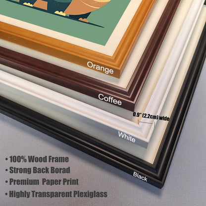 Close-up of four wood frame options for wall art prints: orange, coffee, white, and black. Shows the 0.9-inch (2.2cm) frame width and details about the 100% wood frame, strong backing, premium paper print, and highly transparent plexiglass.