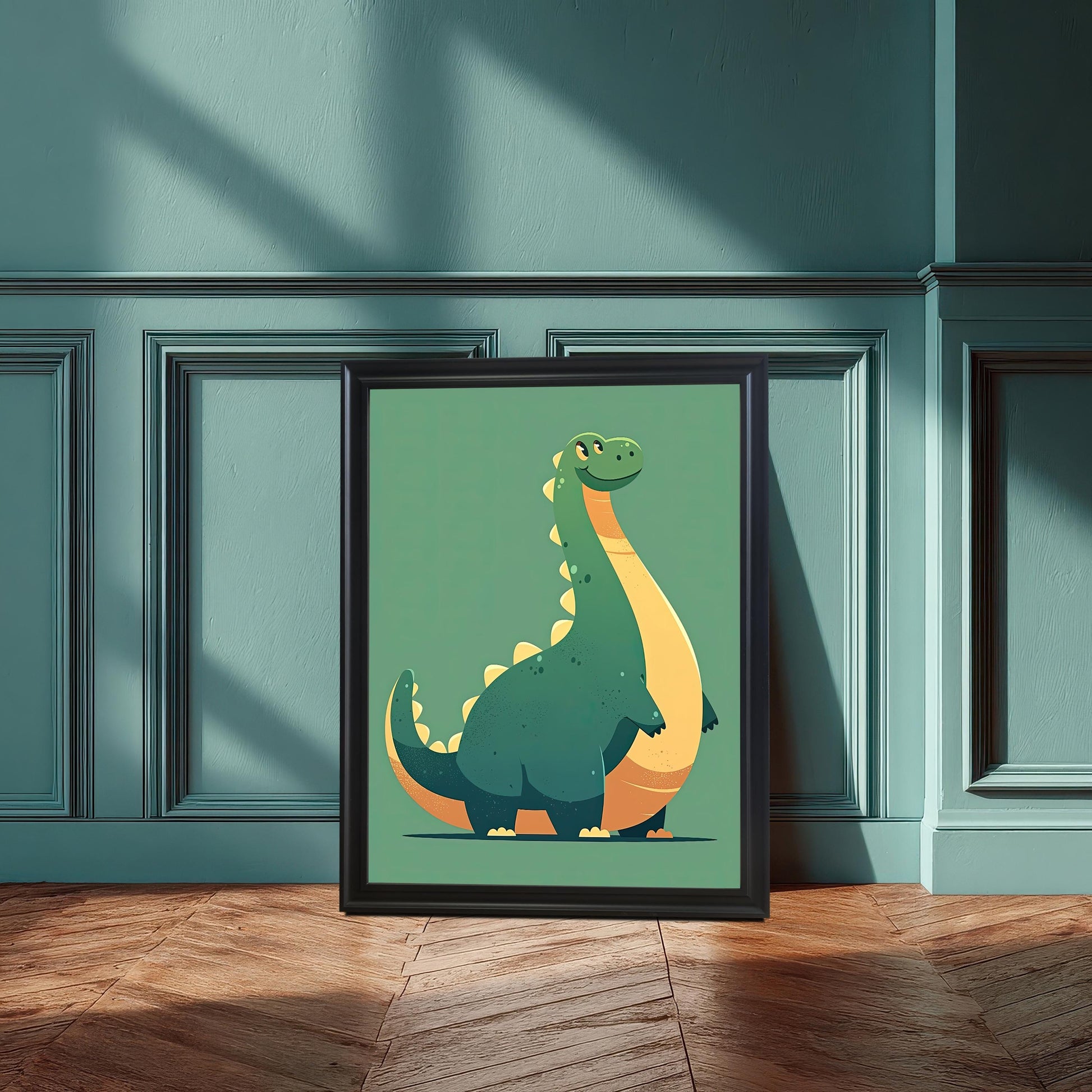 Black framed wall art print featuring a cute green and yellow brontosaurus dinosaur, leaning against a teal-colored wall and baseboard.