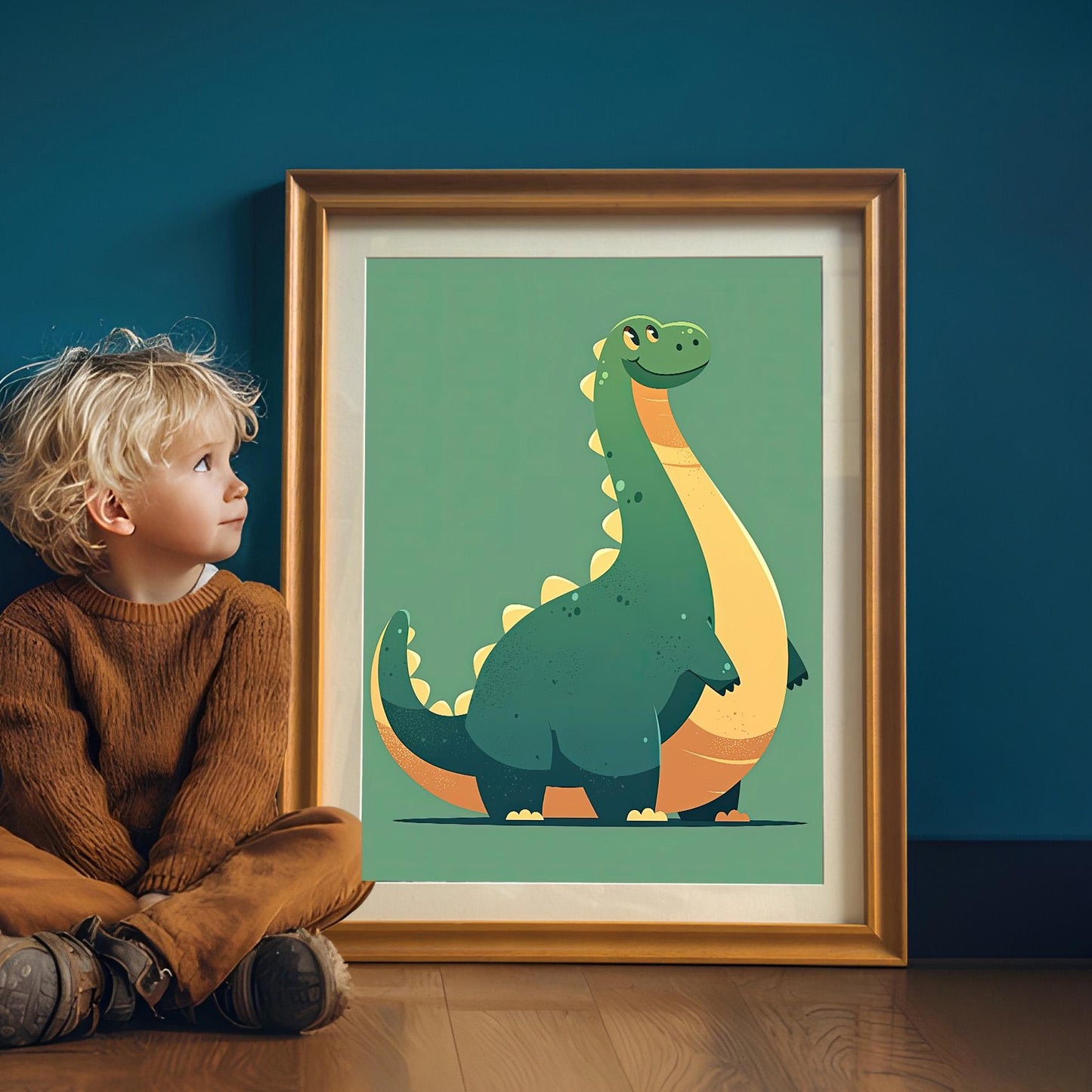 A young boy with blond hair in a brown sweater and pants sits on a hardwood floor, looking up at a large orange-colored wood-framed wall art print featuring a cute green and yellow brontosaurus dinosaur.`