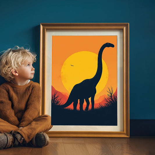 A young child with blond hair sits next to an orange-framed dinosaur print, which is propped against a blue wall.