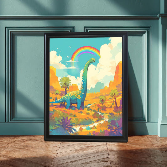 Black framed wall art print featuring a long-necked dinosaur under a rainbow, leaning against a dark teal-colored wall and baseboard.`