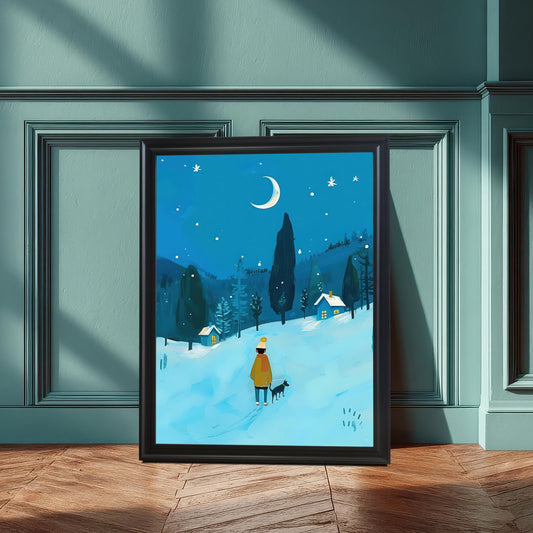 A black-framed wall art print of a person and their dog walking through a snowy, moonlit forest landscape. The art print is leaning against a dark teal wall with wainscoting on a wooden floor, with sunlight casting a shadow.