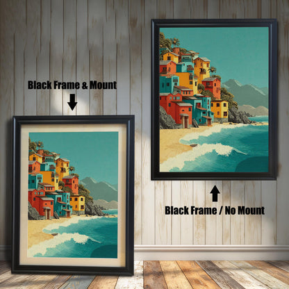 Two framed art prints are shown. The one on the left has a black frame with a mount, and the one on the right has a black frame with no mount. The print itself shows colorful houses on a beach.