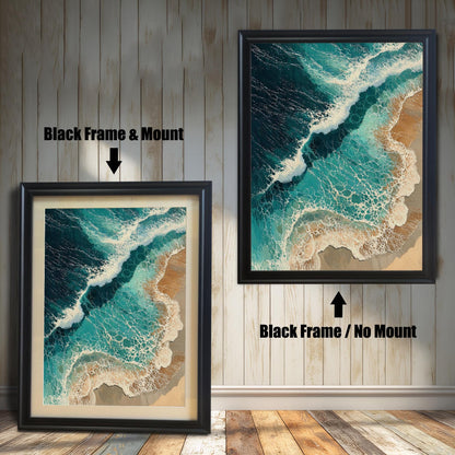 Two framed art prints are shown against a wall with wainscoting. The one on the left has a black frame with a mount, and the one on the right has a black frame with no mount. The print is an aerial view of waves on a beach.