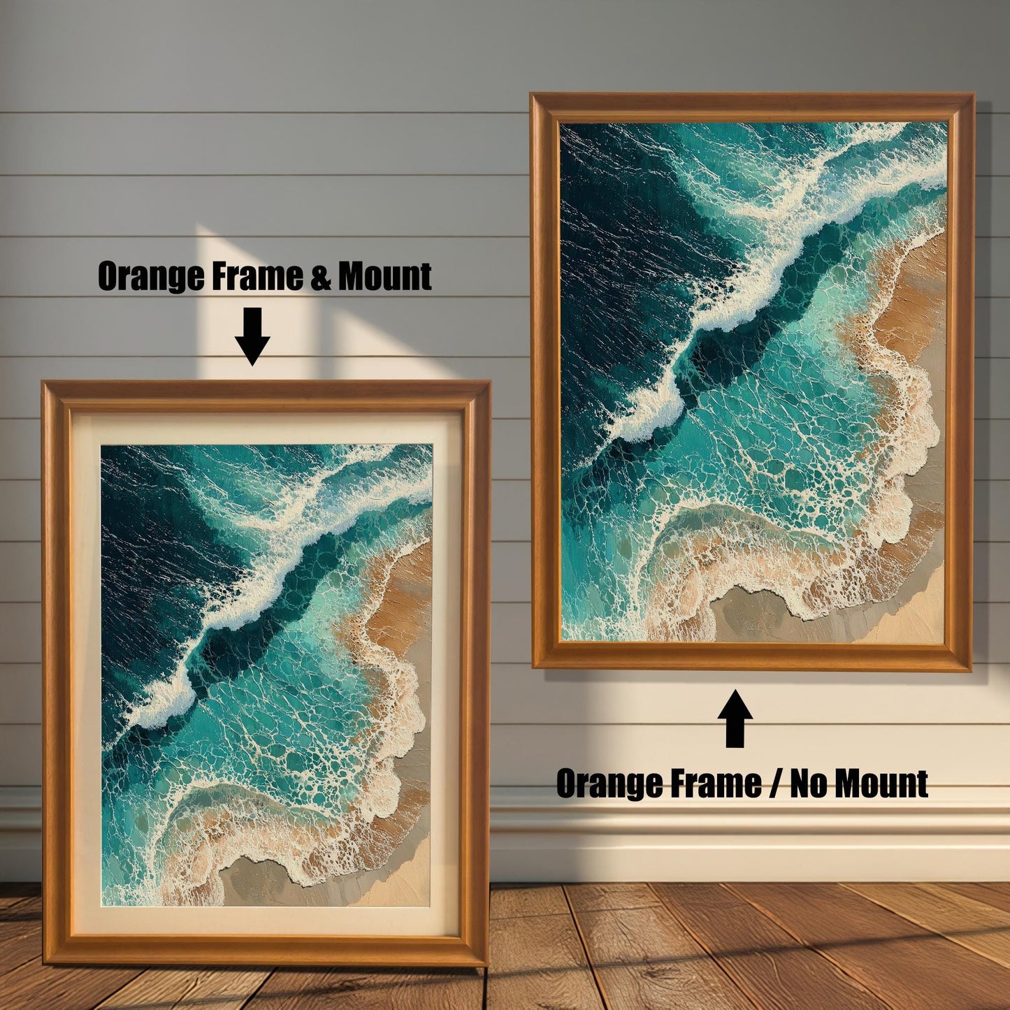 Two framed art prints are shown. The one on the left has an orange-colored frame with a mount, and the one on the right has an orange-colored frame with no mount. The print itself is an aerial view of waves on a beach.