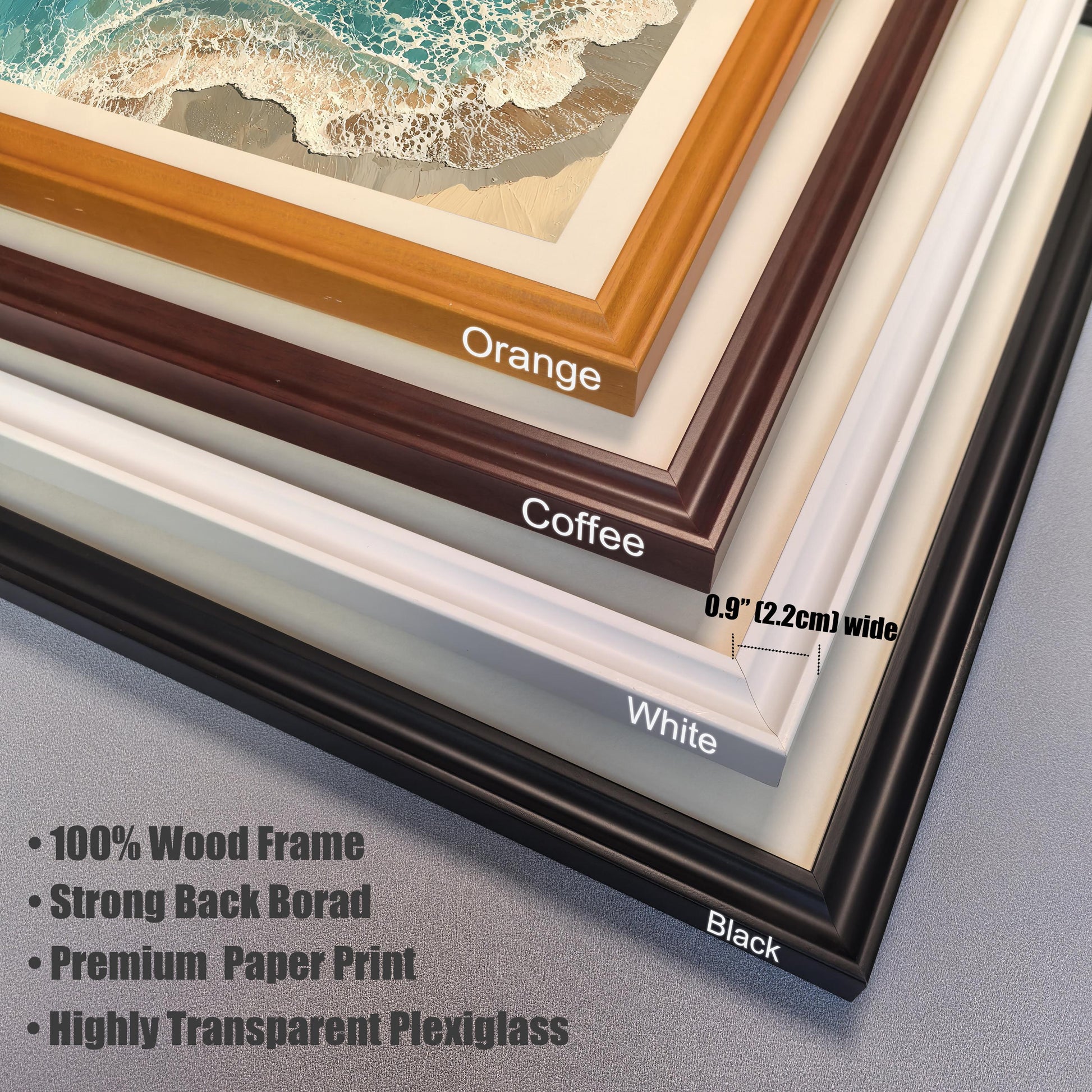 A close-up view of four stacked frame corners. The frames are labeled from top to bottom: Orange, Coffee, White, and Black. Text describes frame features, including material, backboard, print type, and plexiglass.