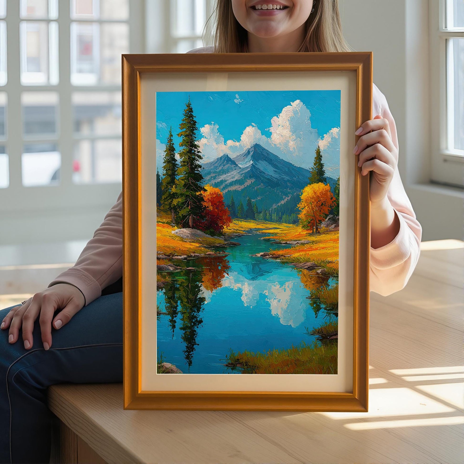 A person holds a framed art print. The print shows a tranquil landscape with a lake, mountains, and trees.