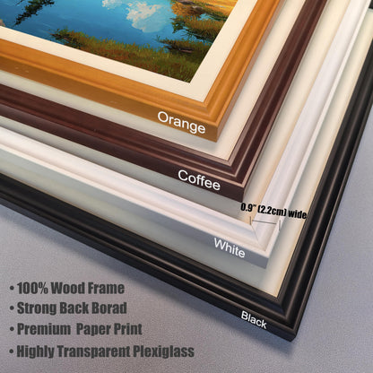 A close-up view of four stacked frame corners. The frames are labeled from top to bottom: Orange, Coffee, White, and Black. Text describes frame features, including material, backboard, print type, and plexiglass.