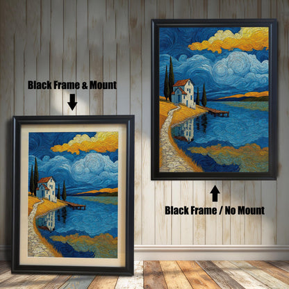 Two framed art prints are shown against a wall with wainscoting. The one on the left has a black frame with a mount, and the one on the right has a black frame with no mount. The print itself shows a landscape with a house by a lake under a starry sky.