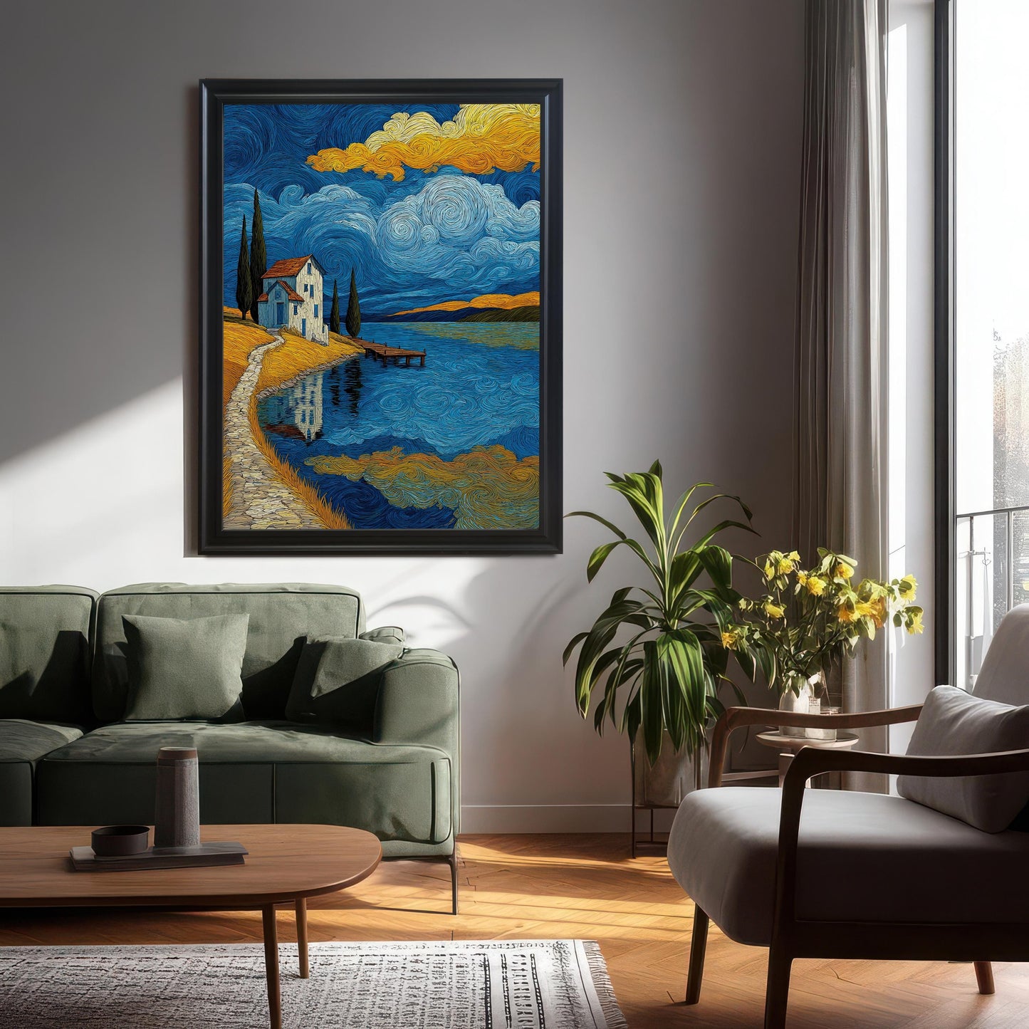 A framed art print hangs on a gray wall above a green couch. The print shows a landscape with a house by a lake under a starry, cloudy sky.