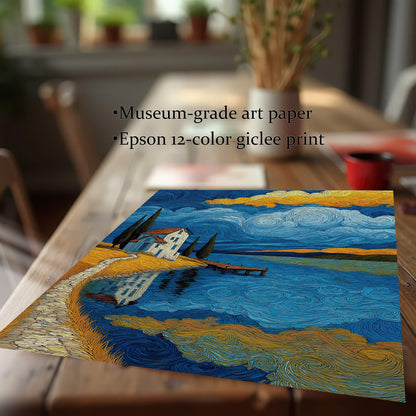 An unframed art print lies on a wooden table. The print shows a landscape with a house by a lake under a starry, cloudy sky. Text next to it lists its features: "Museum-grade art paper" and "Epson 12-color giclee print."