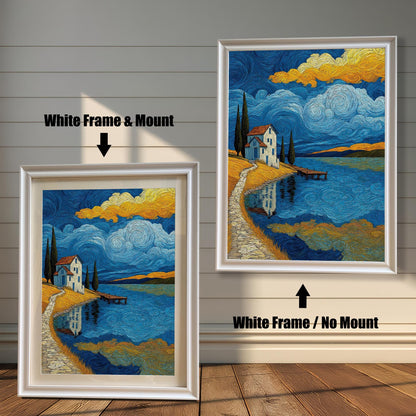 Two framed art prints are shown against a wall with wainscoting. The one on the left has a white frame with a mount, and the one on the right has a white frame with no mount. The print itself shows a landscape with a house by a lake under a starry sky.