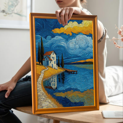 A person sitting on a bench holds a framed art print. The print shows a landscape with a house by a lake under a starry, cloudy sky. The art has a textured, Van Gogh-style appearance.