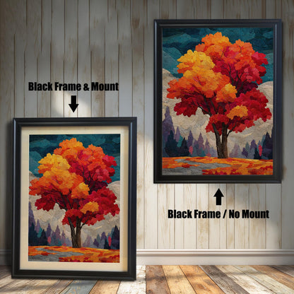 Two framed prints of an autumn tree stand on a wooden floor against a white paneled wall. The one on the left has a black frame with a mount (mat), and the one on the right has a black frame without a mount.