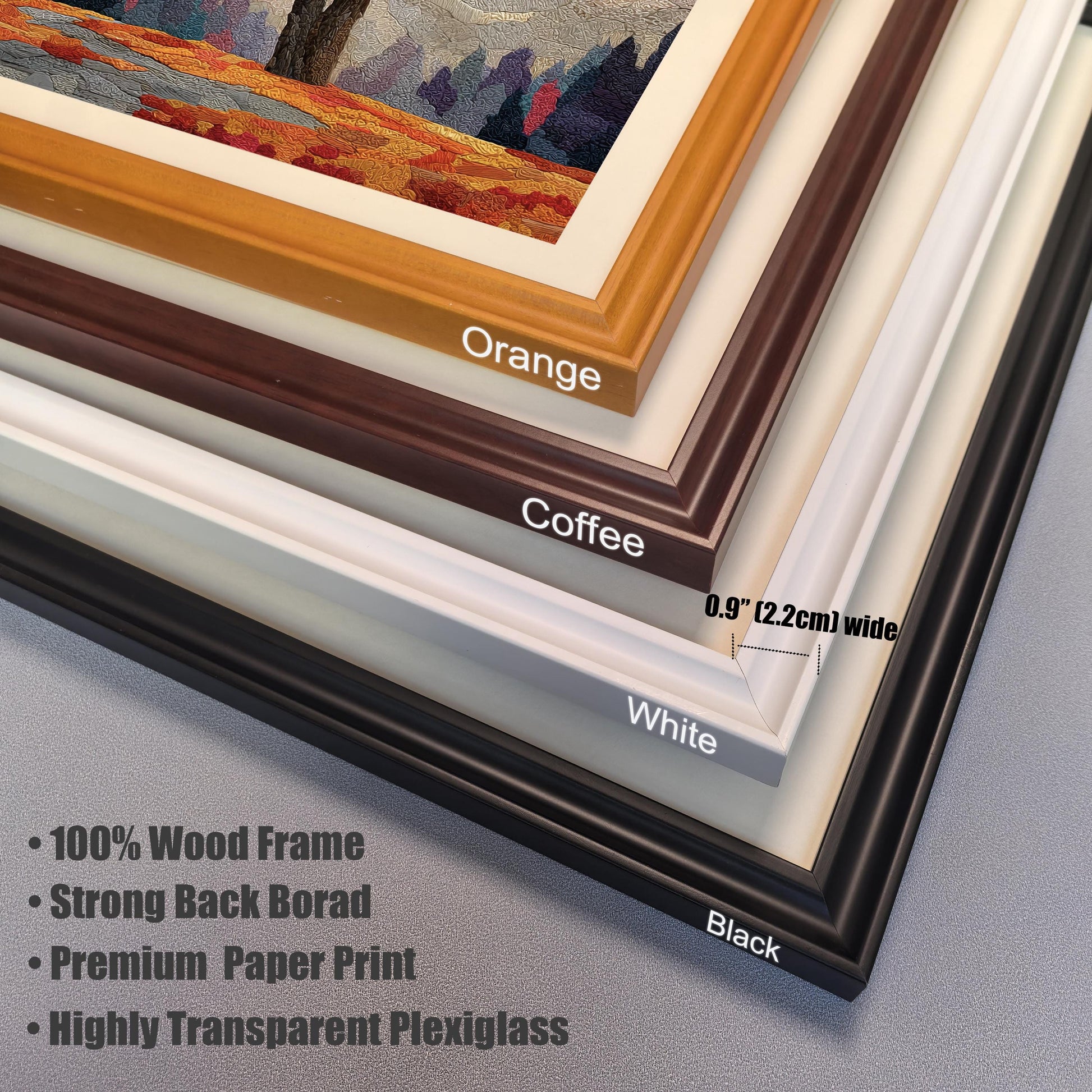 A stack of four picture frame corners—orange, coffee, white, and black—showcases the different color options. Text describes the frames as "100% Wood Frame," with a "Strong Back Borad," "Premium Paper Print," and "Highly Transparent Plexiglass."