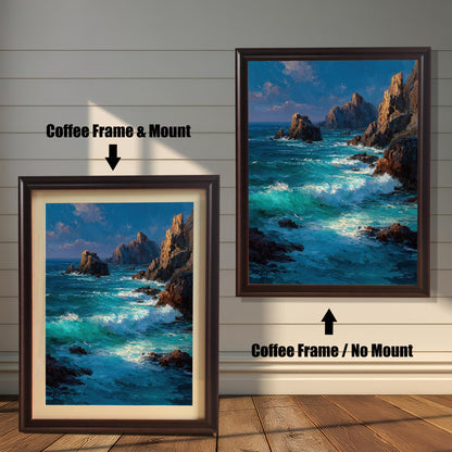 A coffee-colored framed art print of a coastal scene is displayed in two styles: with a mount (mat) on the left and without a mount on the right.