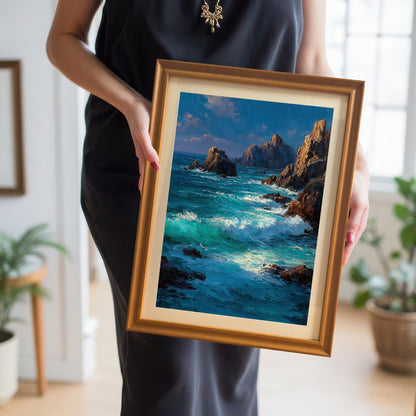 A person wearing a black dress holds a small, framed print of a seascape with an orange frame.