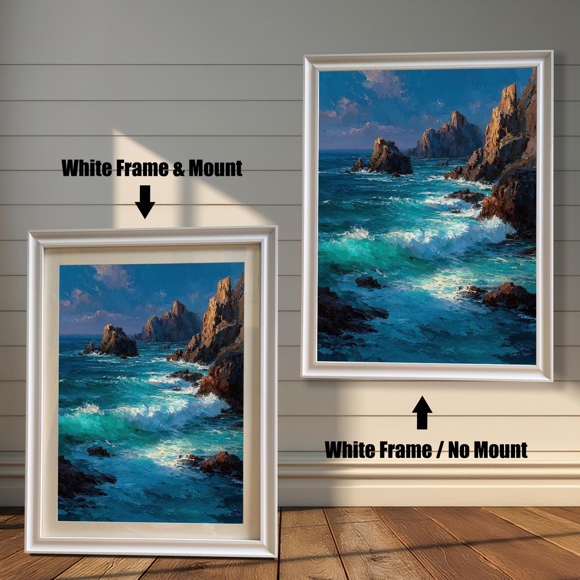 A white-framed art print of a seascape is shown in two styles: with a white mount (mat) on the left and without a mount on the right.