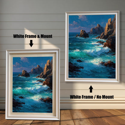 A white-framed art print of a seascape is shown in two styles: with a white mount (mat) on the left and without a mount on the right.
