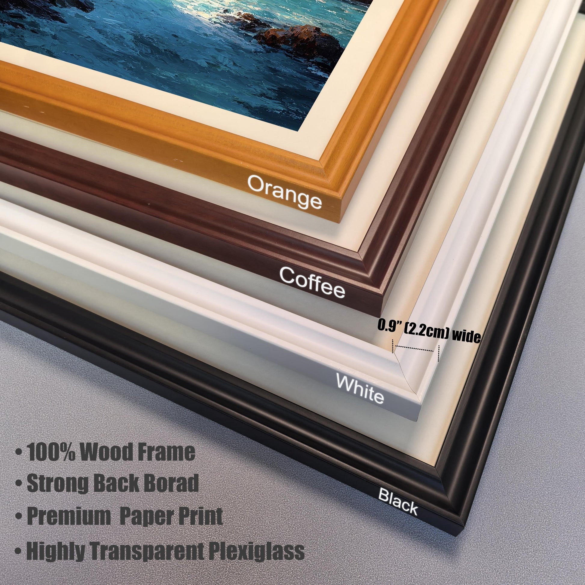 A close-up, angled view of four different frame color options—orange, coffee, white, and black—and their specifications.