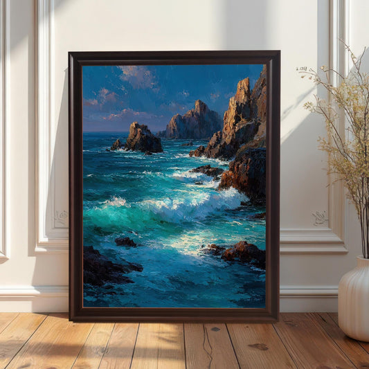 vertical-orientation framed painting of a rocky seascape with turquoise waves sits on a wood floor next to a white ceramic vase with dried flowers. The painting has a dark brown frame and is leaning against a white paneled wall. Sunlight streams across the floor from a window on the left.
