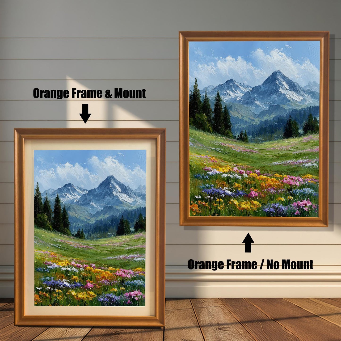 An orange-framed art print of a mountain landscape is shown in two styles: with a mount (mat) on the left and without a mount on the right.