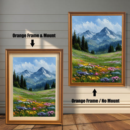 An orange-framed art print of a mountain landscape is shown in two styles: with a mount (mat) on the left and without a mount on the right.