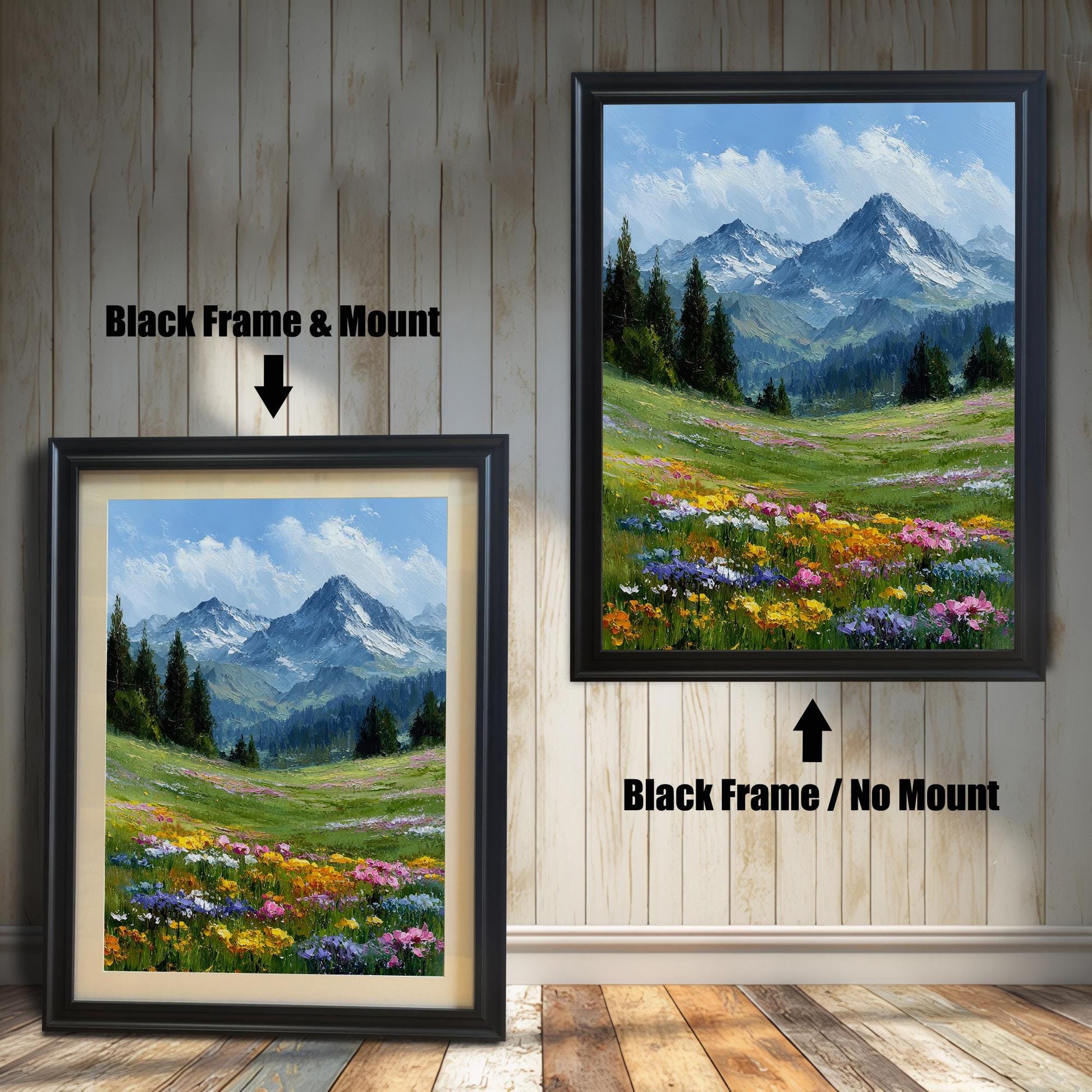 A black-framed art print of a mountain landscape is shown in two styles: with a mount (mat) on the left and without a mount on the right.