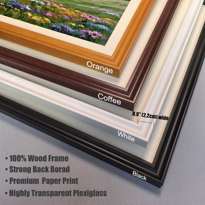 A close-up, angled view of four different frame color options—orange, coffee, white, and black—and their specifications.