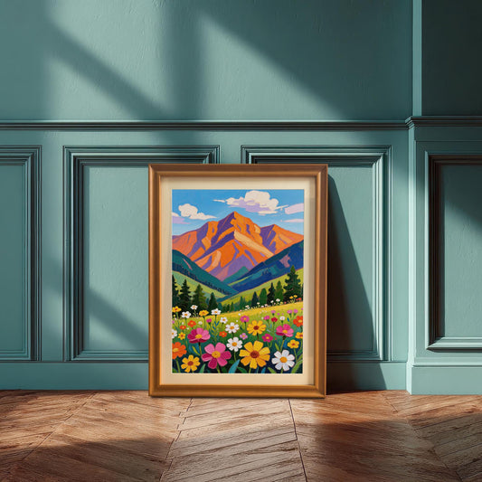 A gold-framed painting of a vibrant mountain meadow leans against a teal paneled wall.