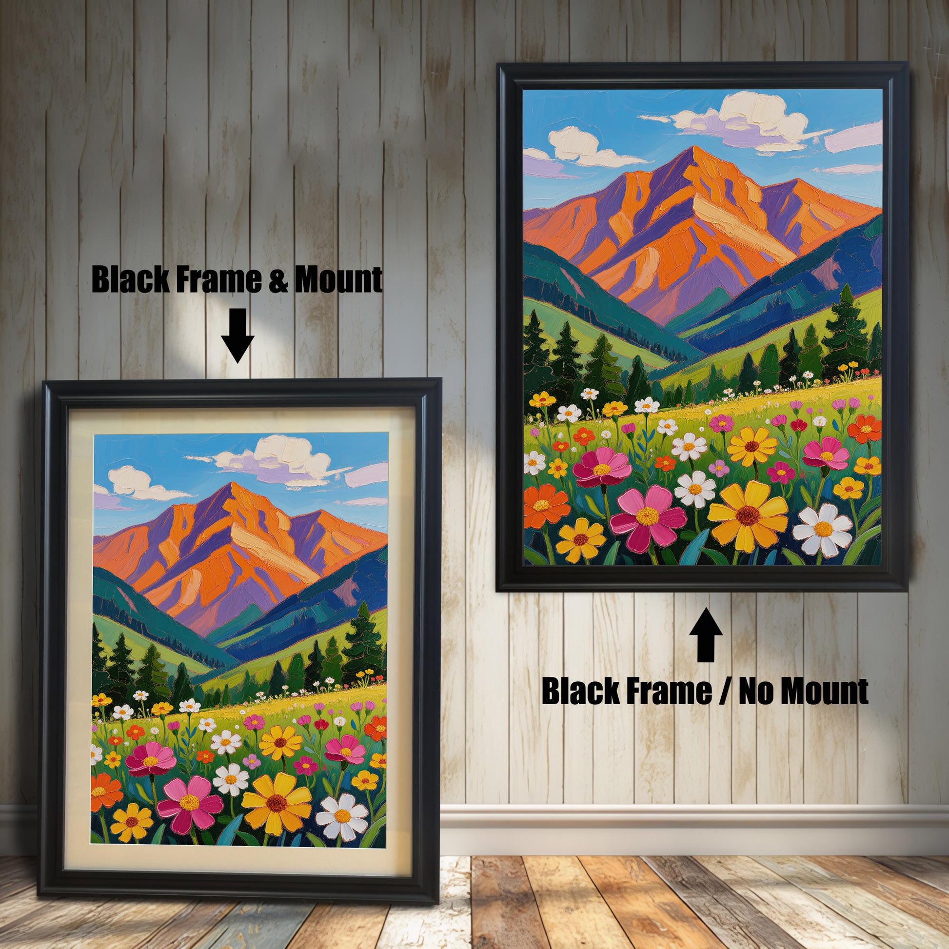 A black-framed art print of a colorful mountain landscape is shown in two styles: with a mount (mat) on the left and without a mount on the right.